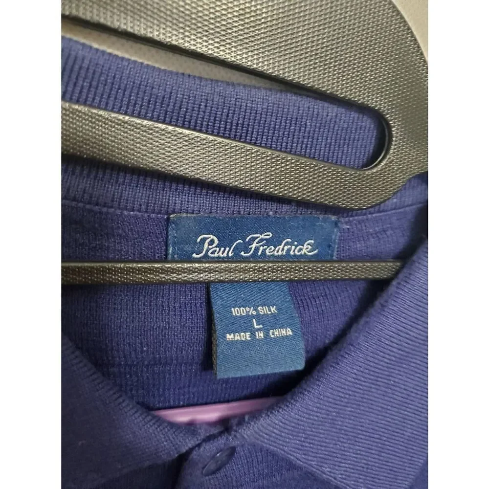 Paul Fredrick 100% Silk Banded Hem Window Pane Navy Blue Men's Polo Shirt